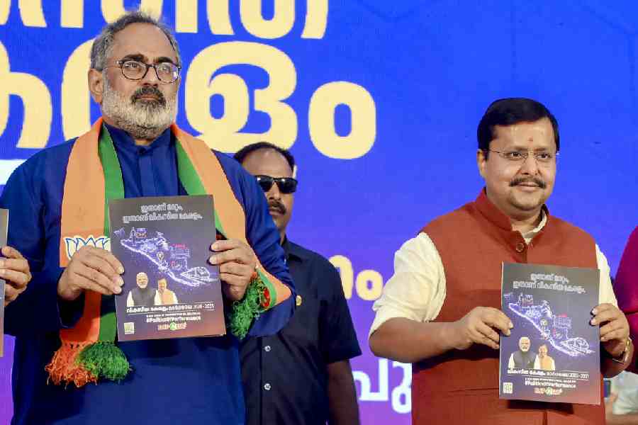 BJP National President Nitin Nabin, right, and the party\'s Kerala President Rajeev Chandrasekhar