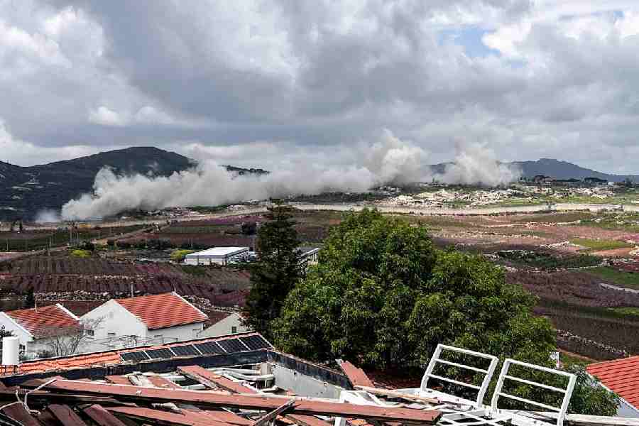 Smoke of an explosion is seen at Kafr Kila following Israel army activity across the border between Israel and Lebanon, as seen from Metula on the Israeli side of the border, April 8, 2026.