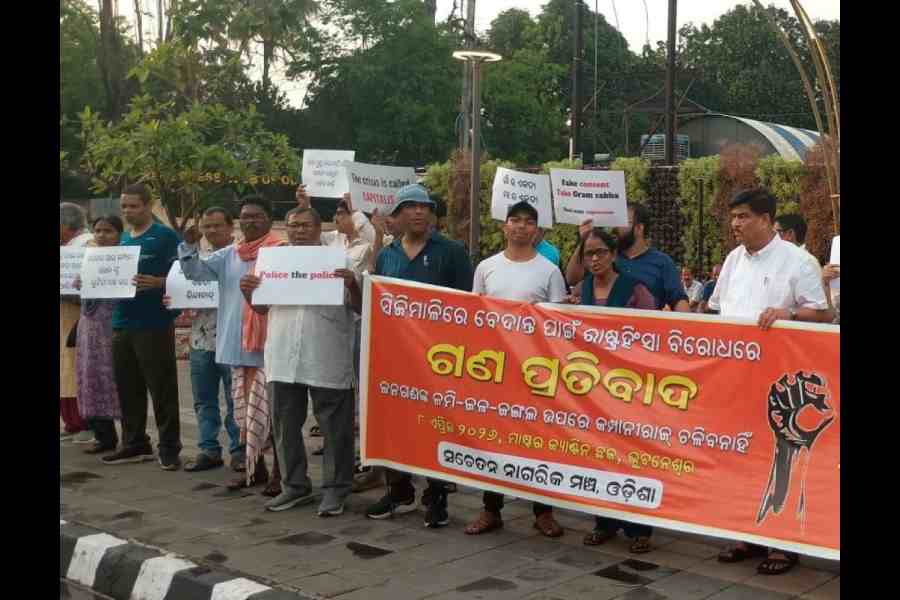 Protesters at Master Canteen Square in Bhubaneswar on Wednesday