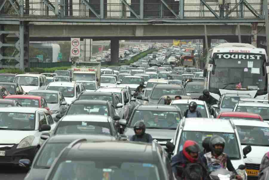 Vehicles enroute to Gurugram stuck in a traffic jam, in wake of the visit of delegates from G20 countries for various summit-related meetings, in New Delhi, Wednesday, March 1, 2023.