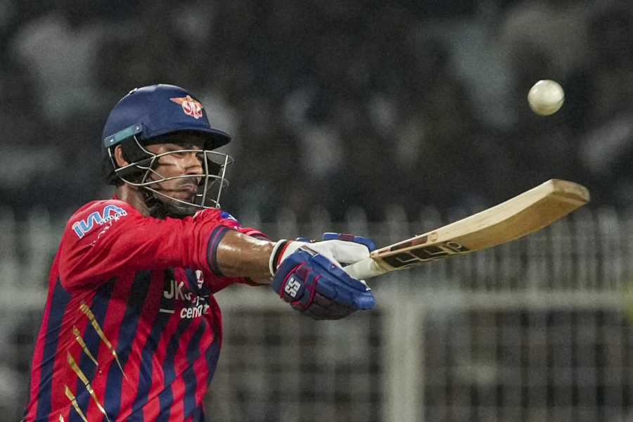 Lucknow Super Giants' Mukul Choudhary plays a shot during an Indian Premier League (IPL) 2026 T20 cricket match between Lucknow Super Giants and Kolkata Knight Riders, at Eden Gardens, in Kolkata, Thursday, April 9, 2026.