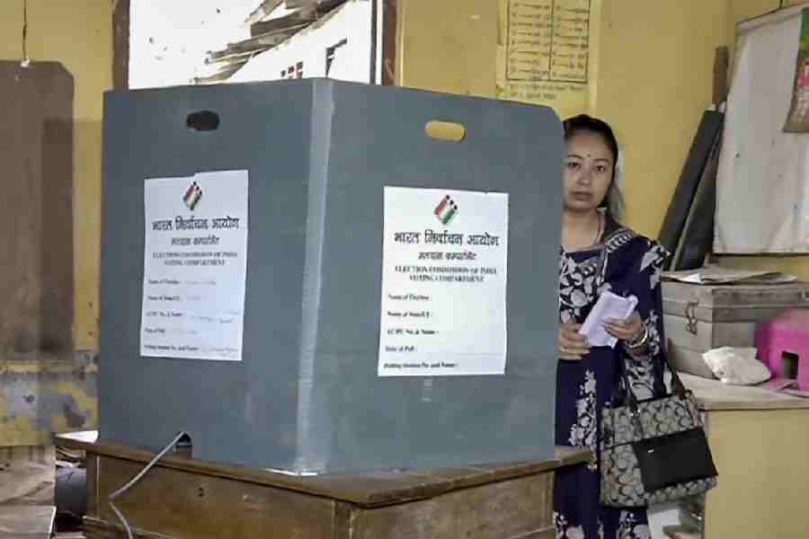 Garima Saikia, wife of singer and culture icon Zubeen Garg, after casting her vote in Guwahati on Thursday. Zubeen’s death by drowning in Singapore in September last year is a major poll issue in Assam.