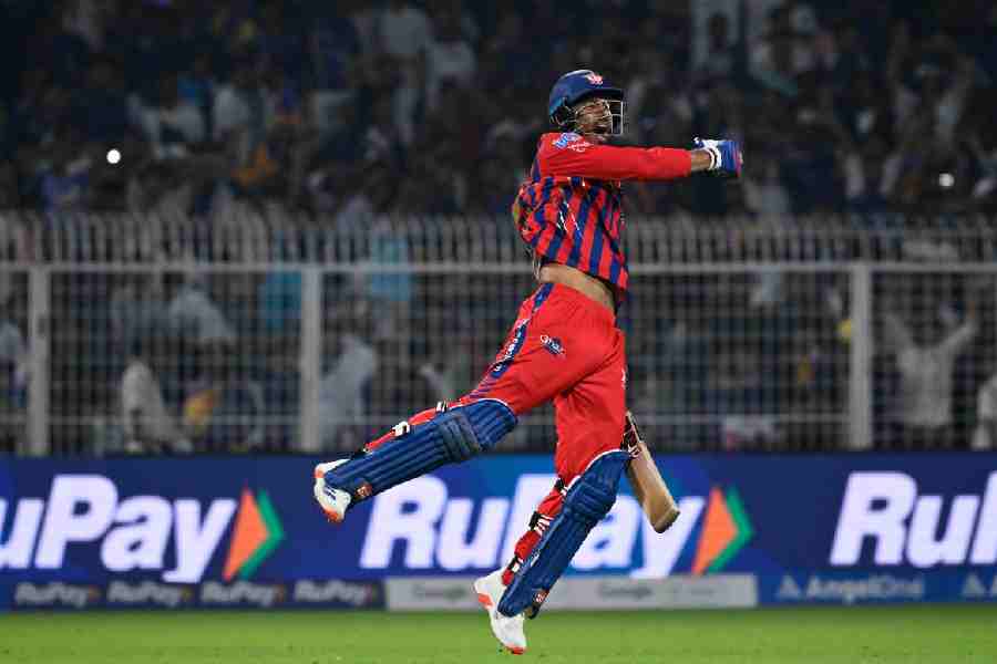 A jubilant Mukul Choudhary after Lucknow Super Giants pull of a three-wicket win over Kolkata Knight Riders off the final ball of the match at Eden Gardens on Thursday. Mukul stayed unbeaten on 54 off 27 balls.