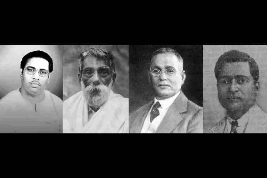 From left to right: Gour Mohan Dutta, Prafulla Chandra Ray, Rajendra Nath Mookerjee and Surendra Mohan Bose