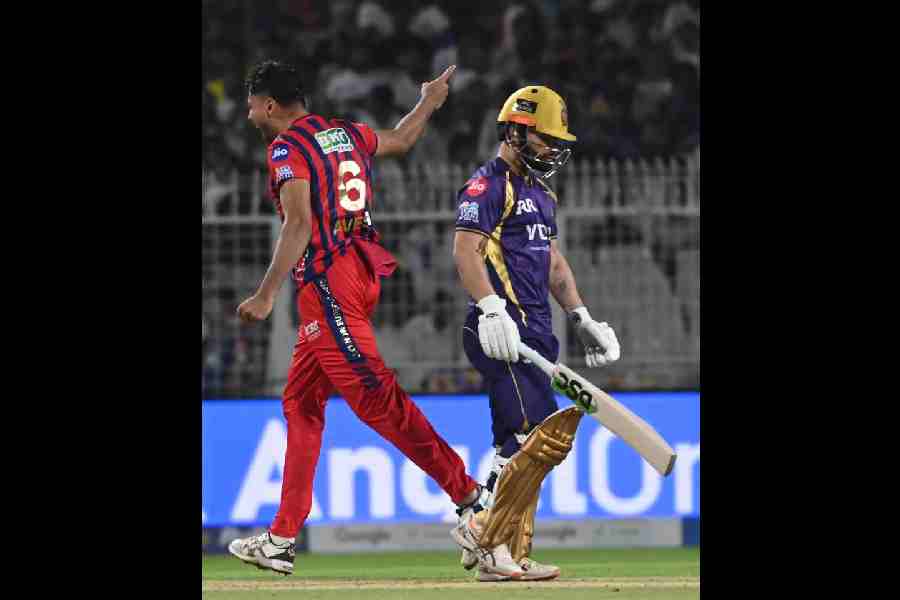 Avesh Khan celebrates on dismissing Rinku Singh.