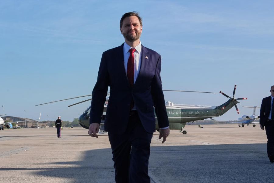 Vice President JD Vance walks to speak with the Press before boarding Air Force Two, Friday, April 10, 2026, at Joint Base Andrews, Md., for expected departure to Pakistan, for talks on Iran.