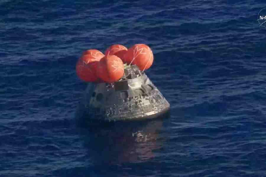 The Artemis II crew capsule floats in the Pacific Ocean following splashdown in this screengrab from a livestream video after the Artemis II crew's flyby of the Moon, April 10, 2026.