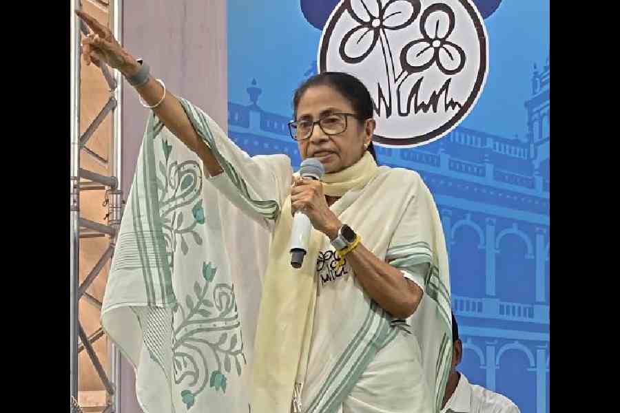 Mamata Banerjee addresses the public meeting in Basirhat on Friday. Picture by Pashupati Das