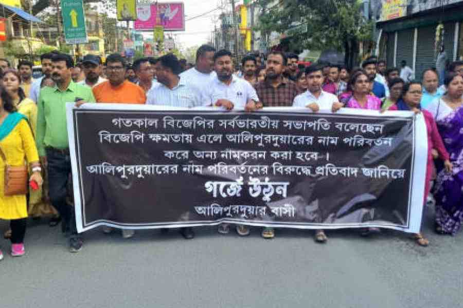 The march in Alipurduar on Friday in protest against Nitin Nabin’s remarks. Picture by Anirban Choudhury