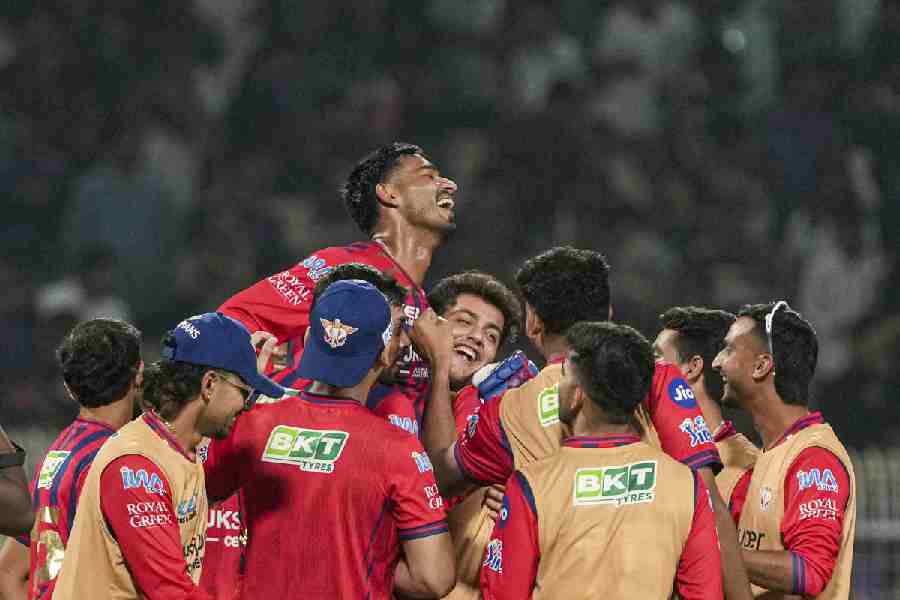Lucknow Super Giants players and support staff celebrate Man of the Match Mukul Choudhary on his match-winning knock against Kolkata Knight Riders at Eden Gardens on Thursday.