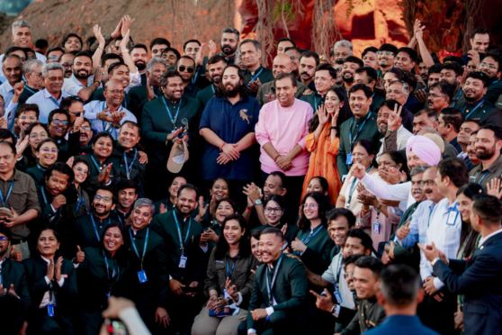 Reliance Industries Chairman Mukesh Ambani with his son Anant Ambani, daughter-in-law Radhika Merchant, and others, during the launch of Vantara University, in Jamnagar, Gujarat.