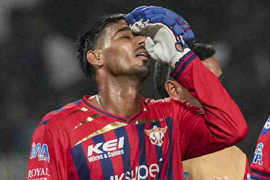 Lucknow Super Giants' Mukul Choudhary celebrates after the team's victory during an Indian Premier League (IPL) 2026 T20 cricket match between Lucknow Super Giants and Kolkata Knight Riders, at Eden Gardens, in Kolkata, Thursday, April 9, 2026.