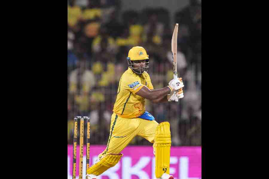 Chennai Super Kings’ opener Sanju Samson en route to his unbeaten 115 off 56 balls against Delhi Capitals at the Chepauk on Saturday. (PTI)