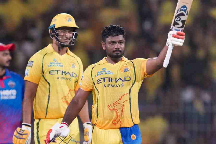Chennai Super Kings\\\' Sanju Samson, front, celebrates his century with Shivam Dube during an Indian Premier League (IPL) 2026 T20 cricket match between Chennai Super Kings and Delhi Capitals, in Chennai, Tamil Nadu, Saturday, April 11, 2026.