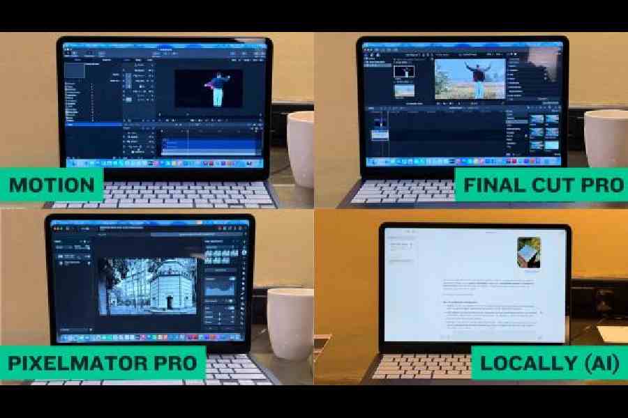 Working on MacBook Neo (clockwise from top left): Motion to edit out a character from a video, Final Cut Pro to place the edited character from the video on top of another video that was shot separately (followed by more editing), Locally can run AI models on device, and Pixelmator Pro, the photo, video and vector graphic editor. Picture: The Telegraph / Mathures Paul