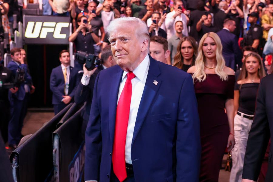 President Donald Trump attends UFC 327 at Kaseya Center, Saturday, April 11, 2026, in Miami, with Dana White.