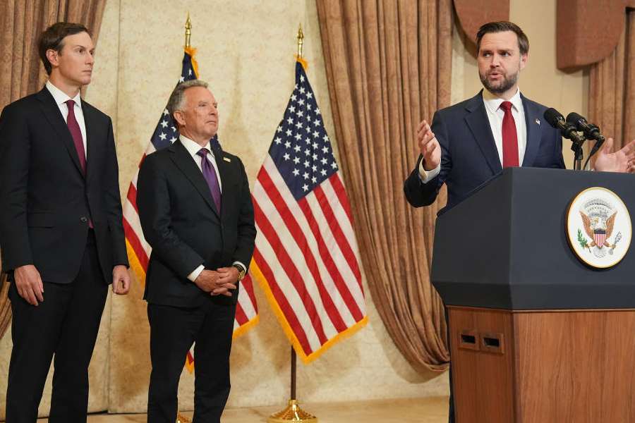 Vice President JD Vance, right, speaks during a news conference after meeting with representatives from Pakistan and Iran as Jared Kushner, left, and Steve Witkoff, Special Envoy for Peace Missions listen, on Sunday, April 12, 2026, in Islamabad, Pakistan.