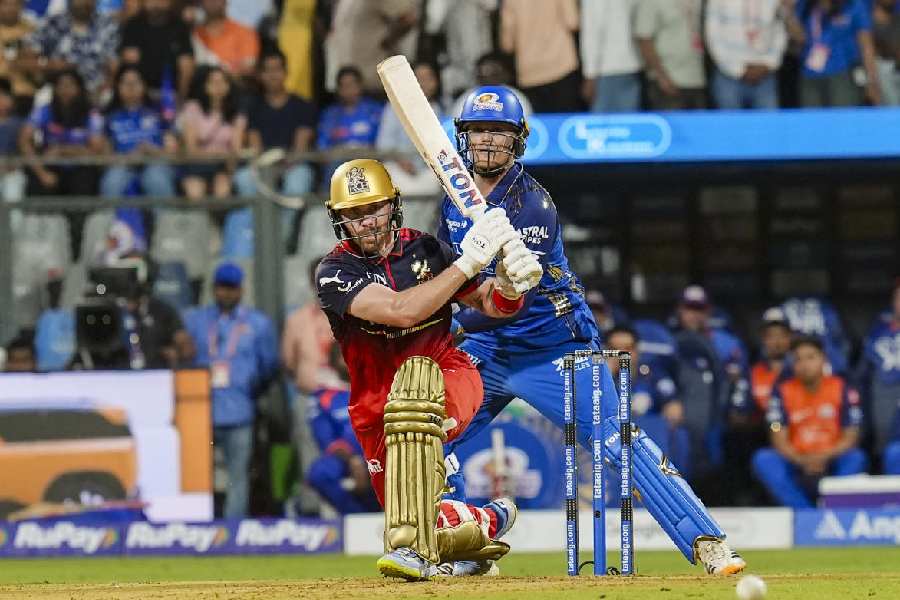 Royal Challengers Bengaluru’s Phil Salt races to 78 off 36 balls, including six fours and as many sixes, against Mumbai Indians at the Wankhede on Sunday.