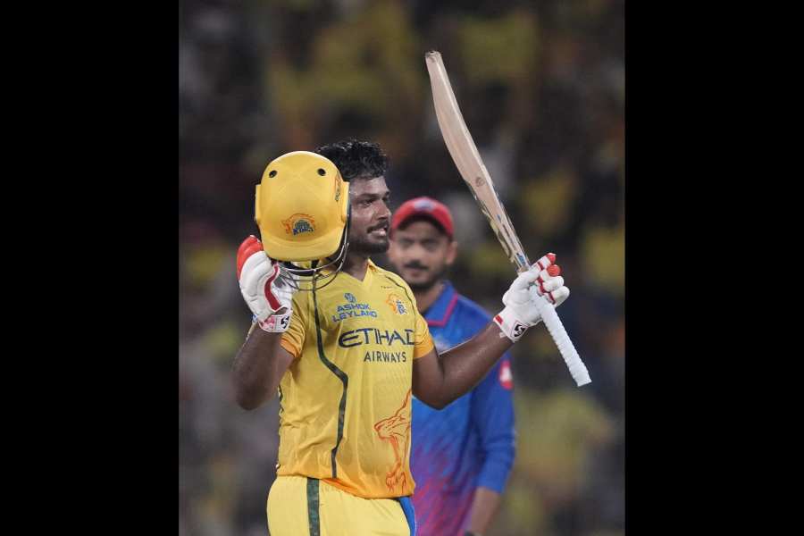 Chennai Super Kings’ Sanju Samson after completing his century on Saturday.