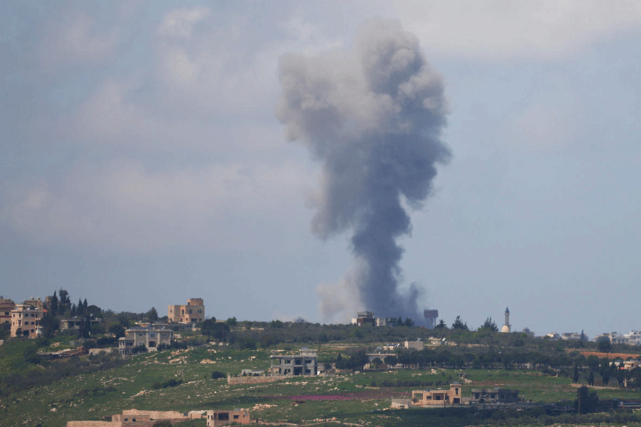 Smoke rises following an airstrike in southern Lebanon, near the Israel-Lebanon border, as seen from the Israeli side of the border in northern Israel, April 13, 2026.
