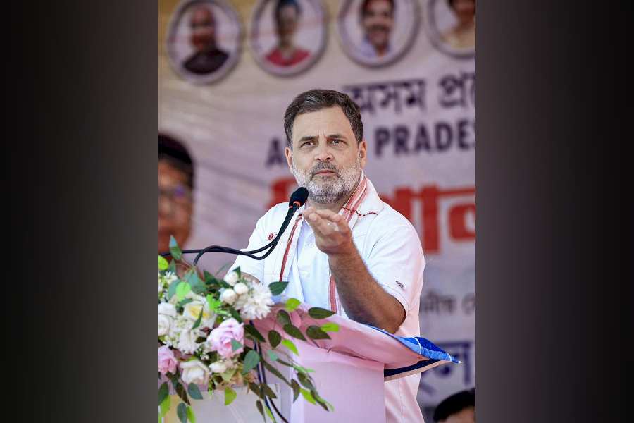 In this image posted on April 5, 2026, Leader of Opposition in the Lok Sabha and Congress MP Rahul Gandhi addresses a public meeting ahead of the Assam Assembly election, in Golaghat, Assam.