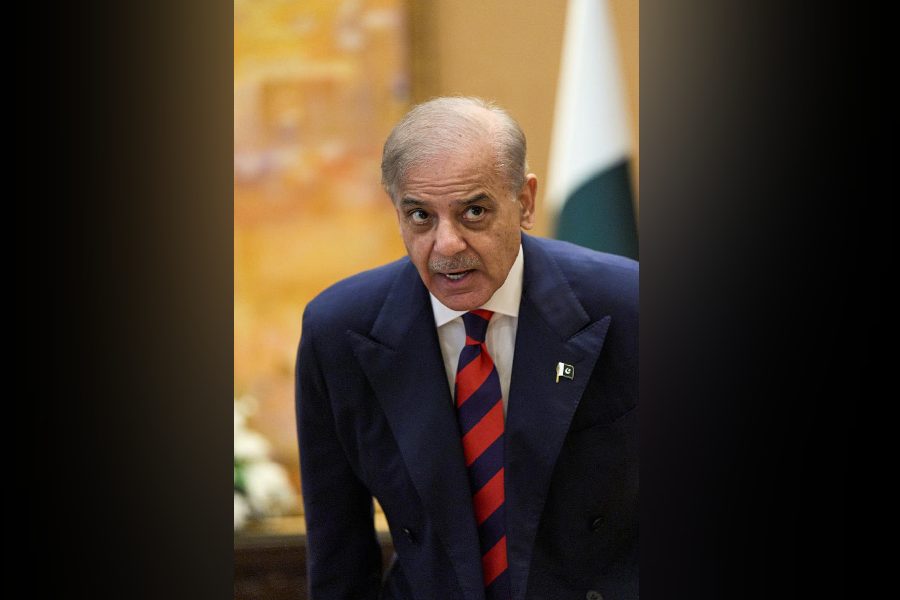 Pakistan's Prime Minister Shehbaz Sharif, takes his seat, Saturday, April 11, 2026, in Islamabad, for a meeting with U.S. Vice President JD Vance about Iran.