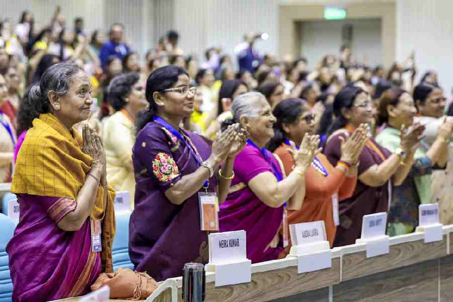 Former Lok Sabha Speaker Meira Kumar, Rajya Sabha member Sudha Murty and others at the Nari Shakti Vandan Sammelan in New Delhi on Monday.