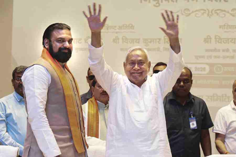 Nitish Kumar along with Samrat Choudhary during the appointment letter distribution ceremony for Auxiliary Nurse Midwives (ANMs), in Patna, Wednesday, April 8, 2026.