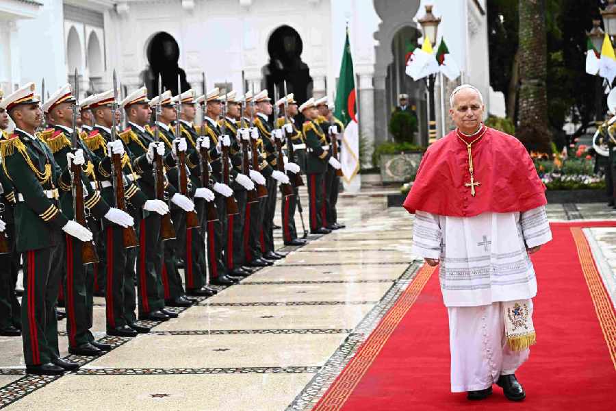 Pope Leo XIV arrives at the El Mouradia Presidential Palace in Algiers, Monday, April 13, 2026, at the start of an 11-day apostolic journey to Africa.