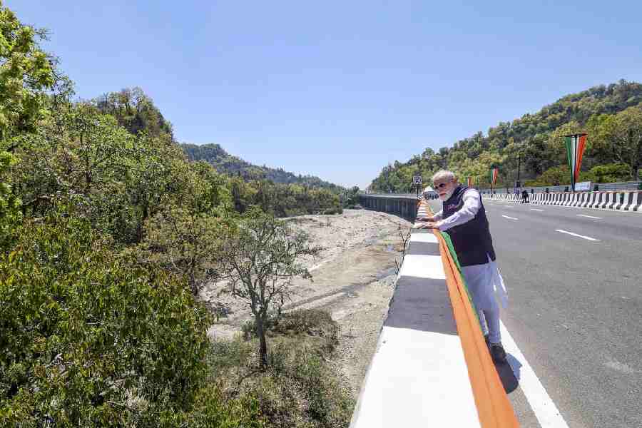 Prime Minister Narendra Modi during a visit to the wildlife corridor on the New Delhi-Dehradun Expressway in Uttarakhand on Tuesday. 
