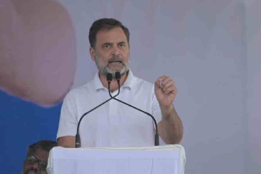Rahul Gandhi at the public meeting in Raiganj, North Dinajpur, on Tuesday. Picture by Kousik Sen