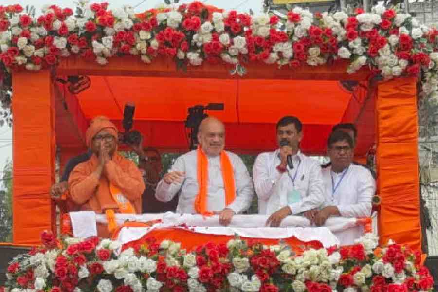 Amit Shah at a road show in Kaliaganj, North Dinajpur, on Tuesday. Picture by Kousik Sen