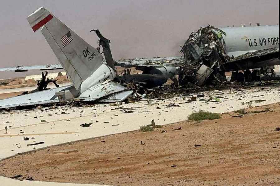 A damaged US Boeing E-3 Sentry airborne warning and control aircraft following an Iranian strike on the airbase, amid the US-Israeli conflict with Iran, at Prince Sultan Air Base in Saudi Arabia in this picture obtained from social media released on March 29, 2026.