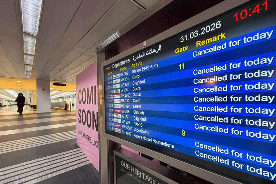 FILE PHOTO: A display screen shows information on cancelled flights, at Beirut-Rafic Hariri International Airport, amid flight cancellations and escalating hostilities between Israel and Hezbollah, as the U.S.-Israeli conflict with Iran continues, in Beirut, Lebanon, March 31, 2026. Picture taken with a mobile phone.