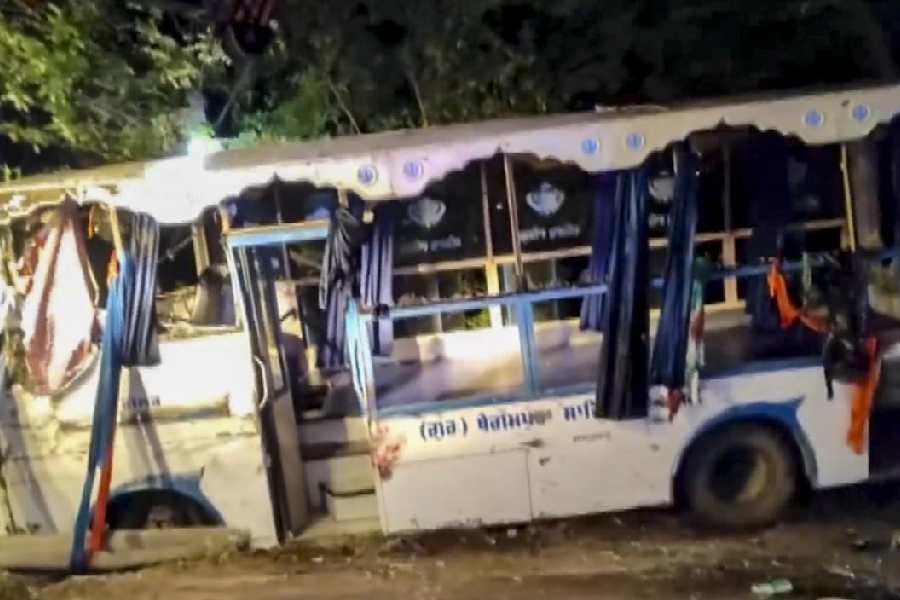 Fatehgarh Sahib: Mangled remains of a bus lies on a roadside after overturned, killing at least six people and injuring 21 others among devotees who were returning from Anandpur Sahib, in Fatehgarh Sahib, Punjab, Wednesday, April 15, 2026.