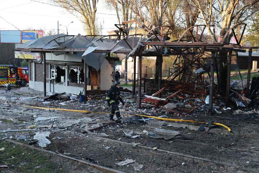 A public transport station destroyed by Russia's drone attack is seen in Zaporizhzhia, Ukraine, Wednesday, April 15, 2026.