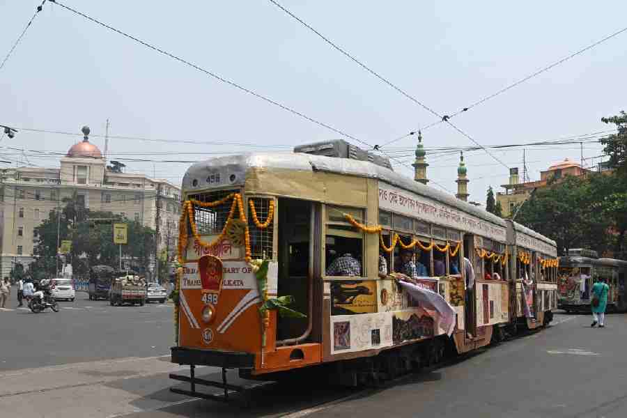 One of the three trams that rolled out on the occasion of Poila Baisakh, seen near Esplanade on Wednesday.
