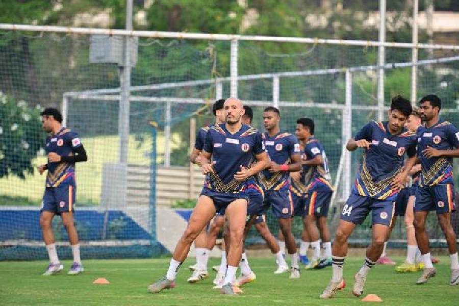 East Bengal striker Youssef Ezzejjari and teammates train at the Salt Lake Stadium Training Ground on Wednesday.  