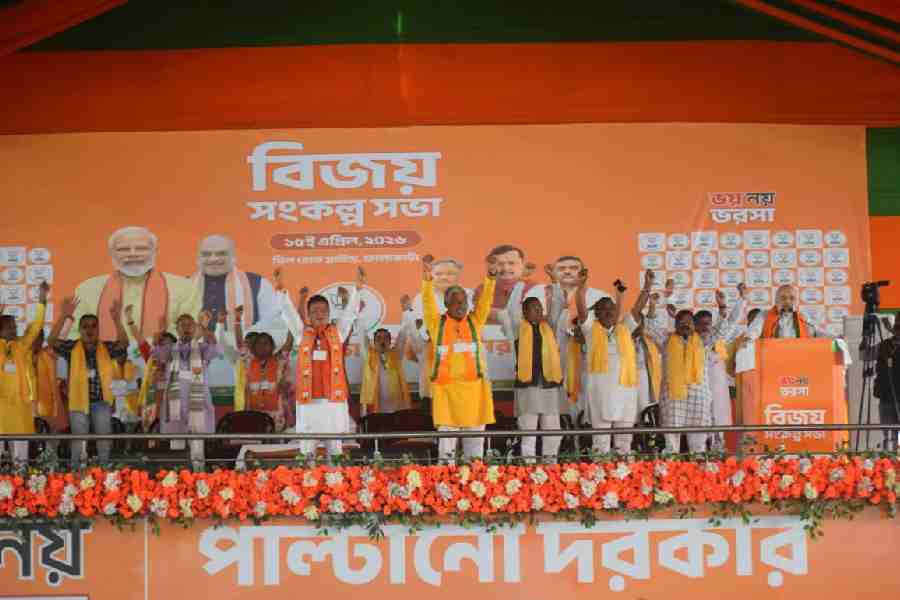 Amit Shah at the public meeting in Falakata on Wednesday.