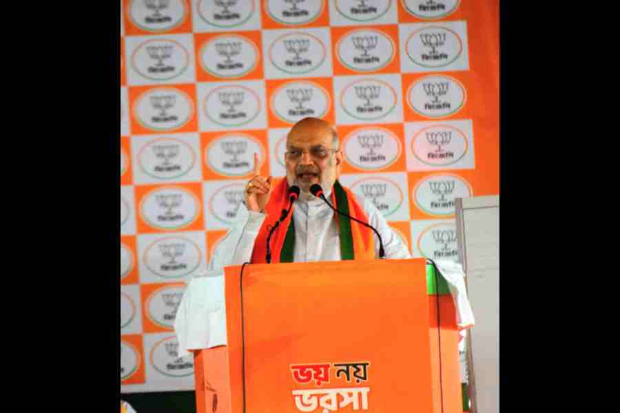 Union home minister Amit Shah at a public meeting in support of the BJP candidate of Alipurduar, in Falakata on Wednesday.