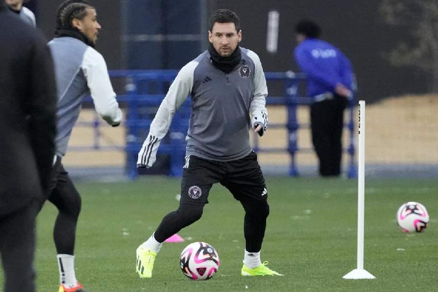 Inter Miami's Lionel Messi warms up with his teammates during a training session Tuesday, Feb. 6, 2024, in Chiba, near Tokyo. Inter Miami is facing Vissel Kobe in a friendly soccer match Wednesday.
