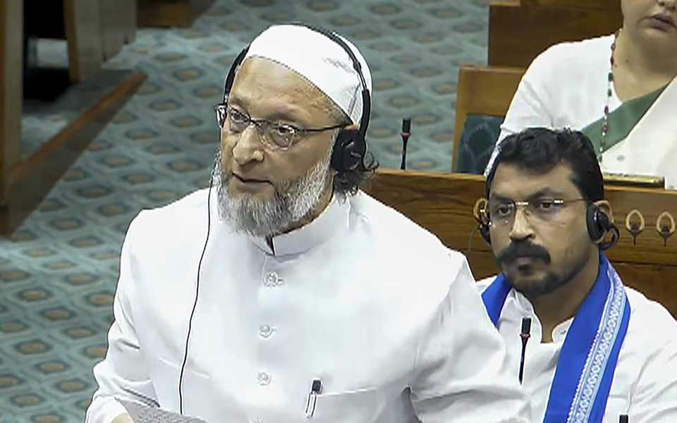 AIMIM MP Asaduddin Owaisi speaks in the Lok Sabha during the Special session of Parliament, in New Delhi, Thursday, April 16, 2026.