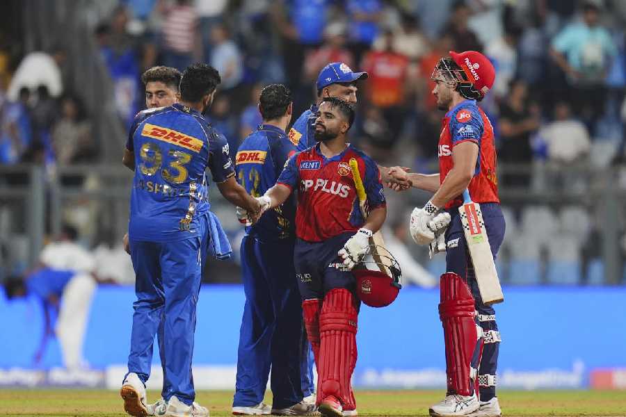 Player shake hands after Punjab Kings won the Indian Premier League (IPL) 2026 T20 cricket match between Mumbai Indians and Punjab Kings, at Wankhede Stadium in Mumbai, Thursday, April 16, 2026.