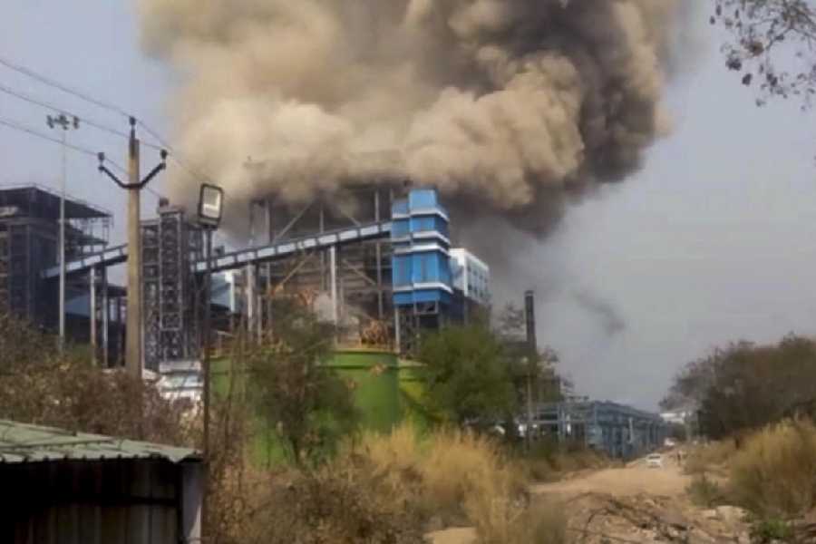 Smoke erupts from Vedanta power plant after a powerful boiler explosion on Tuesday, at Singhitarai, in Sakti District, Chhattisgarh, Tuesday, April 14, 2026. The death toll in a blast has gone up to 17 with four more workers succumbing to injuries, police said on Wednesday.
