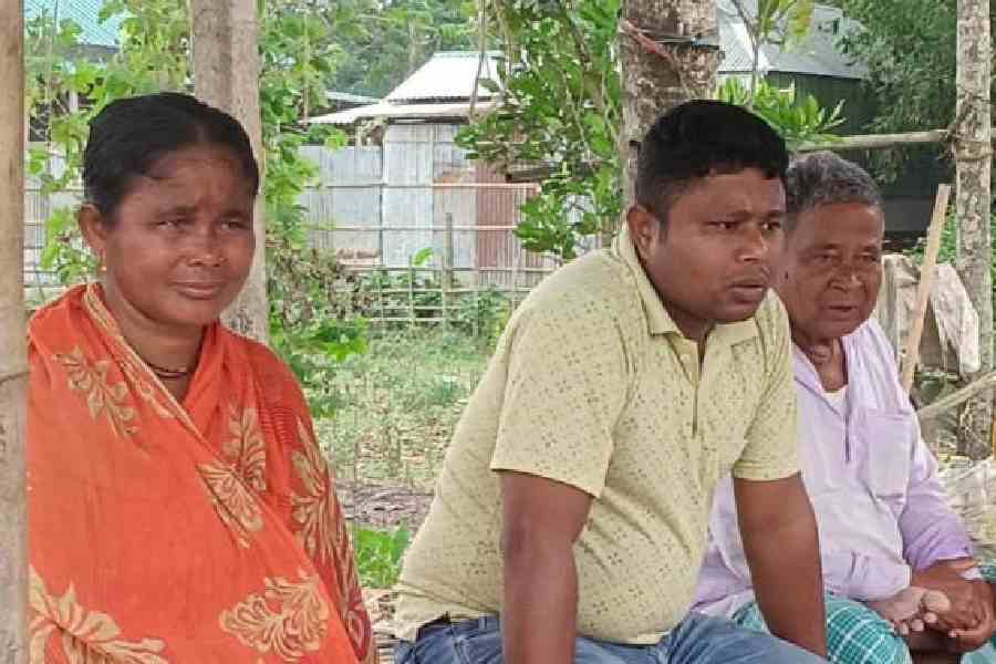Gobinda, the brother of deceased Ananda Barman, with their mother Basanti and their grandfather Kshitish Chandra Roy (right) at the Bamanpara-Ranidighi area of the Sitalkuchi Assembly constituency, Cooch Behar.Pictures by Main Uddin Chisti