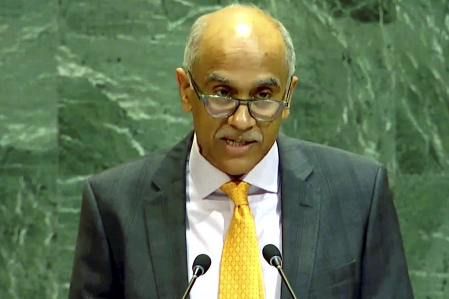 In this screengrab from a video posted on April 17, 2026, Parvathaneni Harish, Permanent Representative of India to the United Nations, delivers a statement during the UN General Assembly Debate, in New York.
