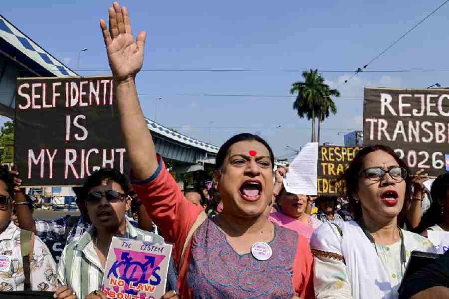 People from the LGBTQ+ community take part in a rally over Transgender (Amendment) Bill, 2026, in Kolkata, Sunday, March 22, 2026.
