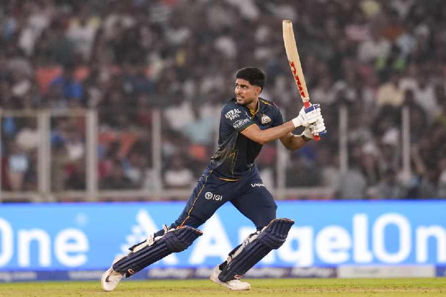 Gujarat Titans' captain Shubman Gill plays a shot during the Indian Premier League (IPL) 2026 T20 cricket match between Gujarat Titans and Kolkata Knight Riders, in Ahmedabad, Gujarat, Friday, April 17, 2026.