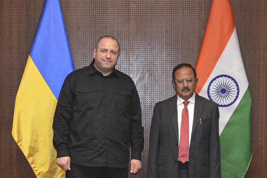 National Security Advisor Ajit Doval, right, during a meeting with Secretary of the National Security and Defence Council of Ukraine Rustem Umerov, in New Delhi.