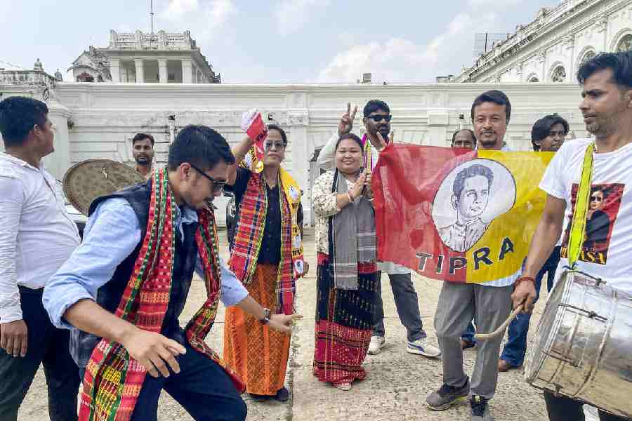 Tipra Motha Party supporters celebrate after winning the Tripura Tribal Areas Autonomous District Council elections in Agartala on Friday.